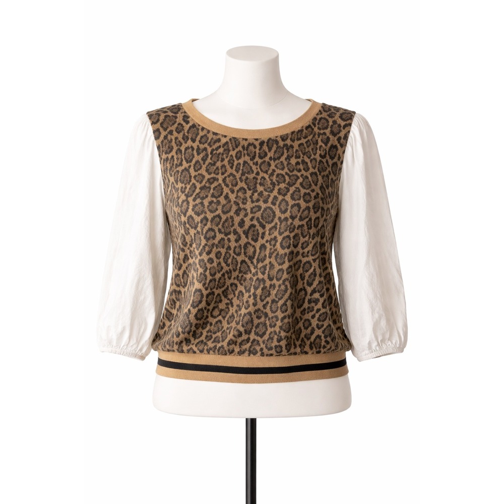 VOY Womens Leopard Print Mixed Media Puff Sleeve Sweater Top Tan Black Size L